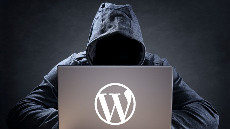 A hacker in black hoodie with a computer that has the WordPress logo on the computer.