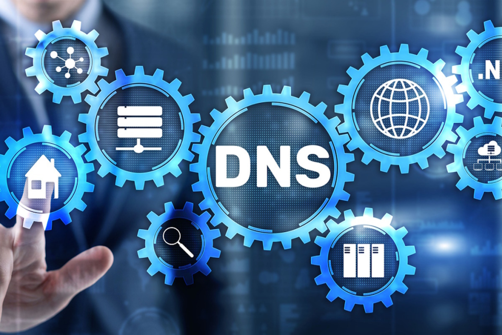 The words DNS with a bunch of gears around it with a blue background.