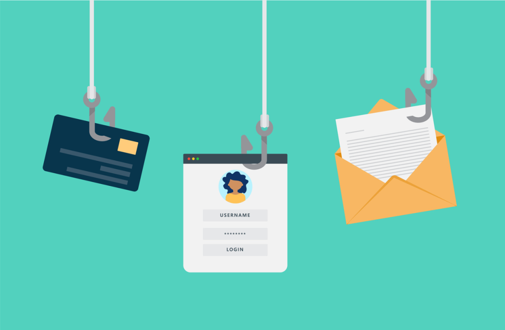 Shows data hanging from a hook to represent how phishers steal this data.