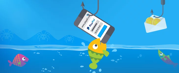 A image of a fish biting a phone that displays a paypal phishing page.
