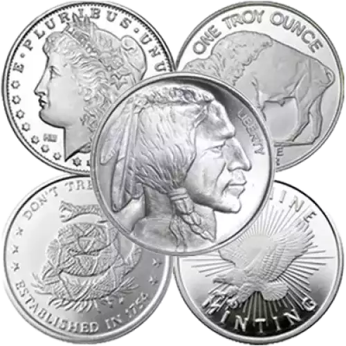 A handful of different silver rounds with a transparent background.