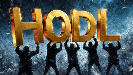 People shadow holding up the word hodl with a blue background.