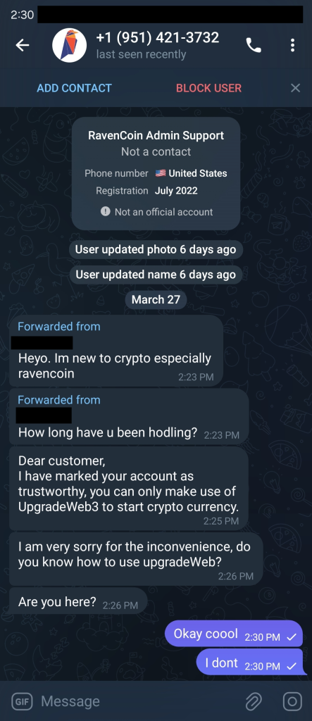 The conversation I had with the scammer on telegram.
