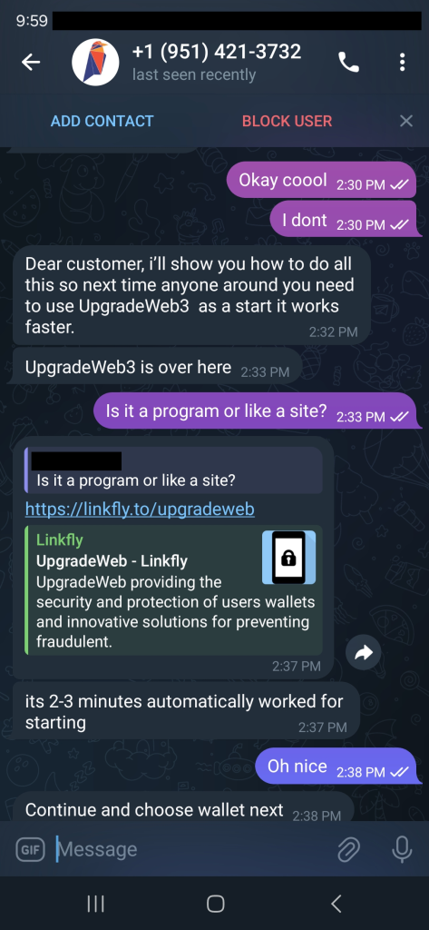 A conversation with the scammer, trying to get IP log the scammer.