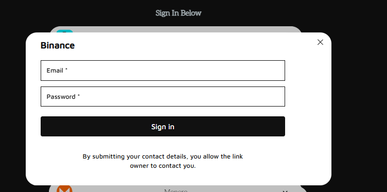 The Binance phishing page where a victim would enter the email and password to their Binance account.