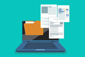 Digital file management illustration showing a laptop with folder and documents on screen
