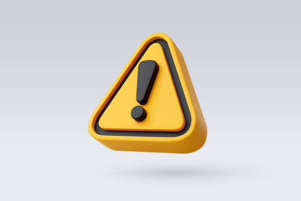3D yellow warning triangle with black exclamation mark symbol on a gray background.