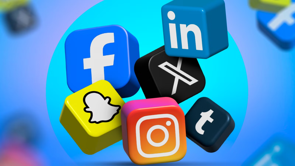3D icons of popular social media platforms including Facebook, Instagram, Snapchat, LinkedIn, X (Twitter), and Tumblr on a blue digital background.