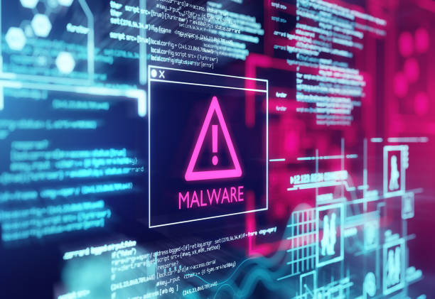 Cybersecurity warning screen showing malware alert with code in background.