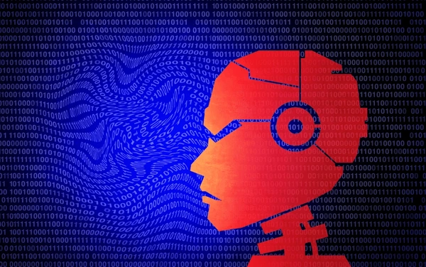 Red digital robot head communicating in binary code on a blue background, symbolizing artificial intelligence and data processing.