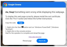 Google Chrome error message Aw Snap requiring root certificate installation to display webpage correctly