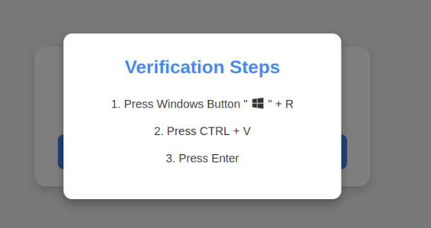 Popup window showing verification steps with instructions to press Windows key plus R, paste code using CTRL + V, and press Enter
