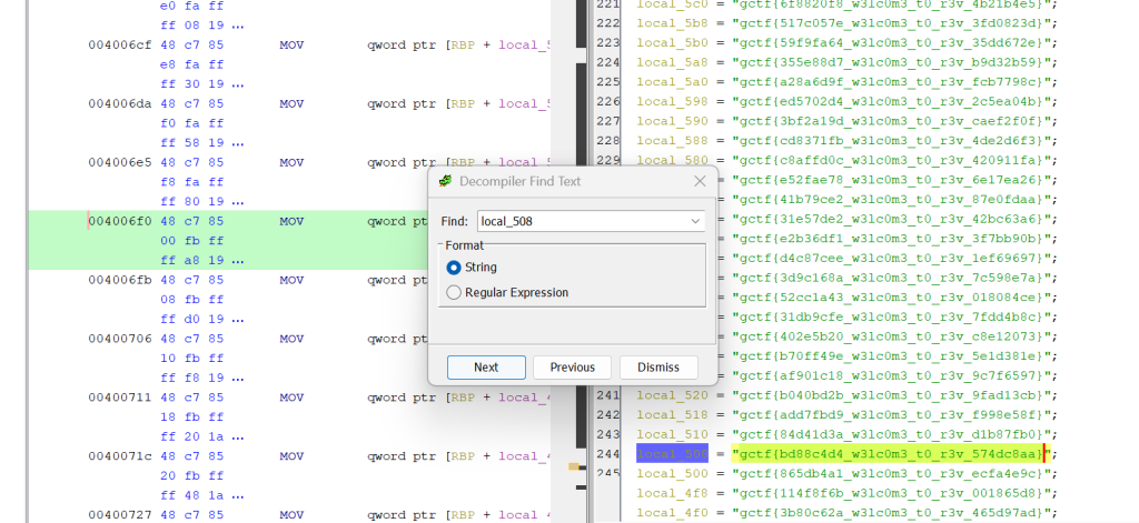 Screenshot of a decompiler interface showing assembly instructions on the left and decompiled pseudocode on the right, with a search dialog open for ‘local_508’. Highlighted lines display MOV instructions and variable references such as local_510 and local_508, along with associated function name strings.