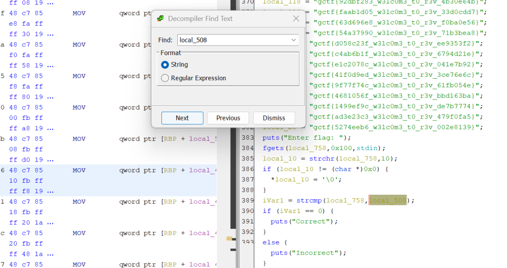 Screenshot of the Ghidra reverse-engineering interface showing assembly code on the left, decompiled C code on the right, and the “Decompiler Find Text” search dialog centered, with the term “local_508” highlighted in the code.