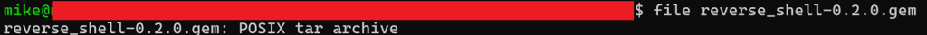 Terminal screenshot showing a user running the command file reverse_shell-0.2.0.gem, which identifies the Ruby gem file as a POSIX tar archive.