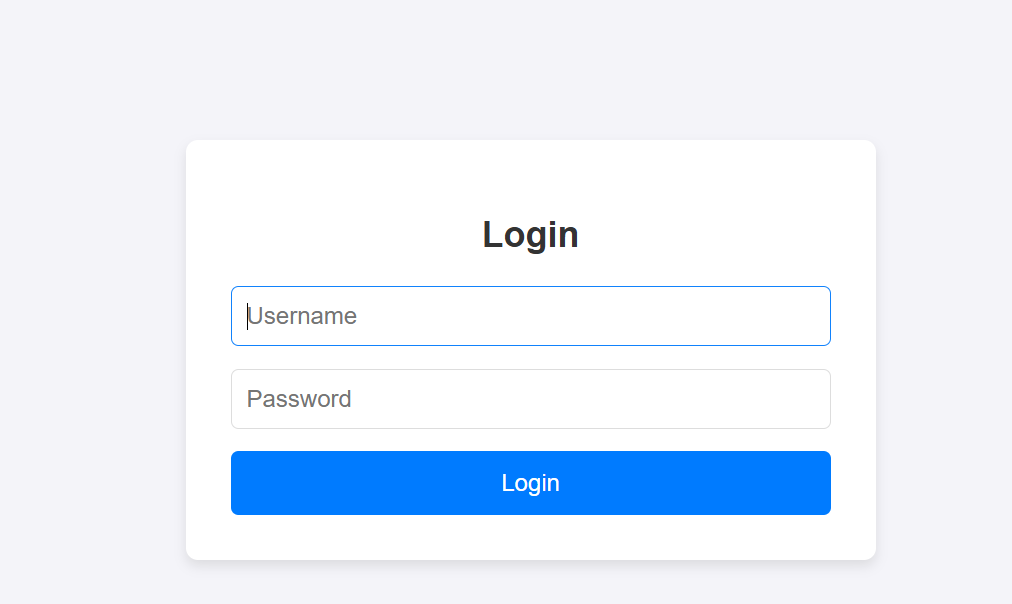 Simple web login form interface featuring a “Login” heading, username and password input fields, and a blue login button centered on a light background.