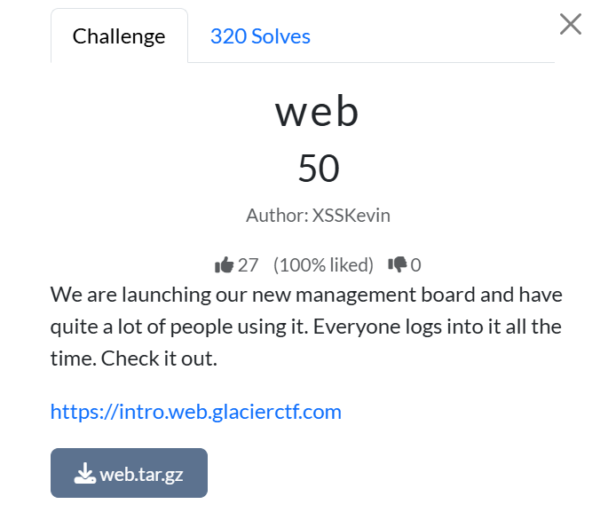 Challenge description card for a CTF web challenge titled “web 50,” authored by XSSKevin, showing solve count, ratings, a brief description, and links including intro.web.glacierctf.com and a downloadable web.tar.gz file.