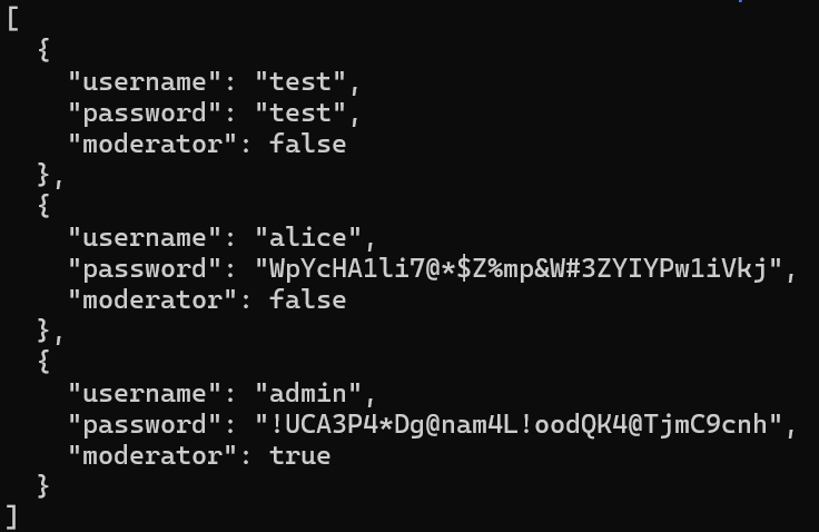 JSON file snippet displaying a list of user objects, each containing a username, plaintext password, and moderator status, including entries for “test,” “alice,” and an “admin” account.