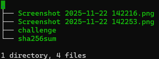 Terminal directory tree showing two PNG screenshot files, a “challenge” directory, and a sha256sum file, totaling 1 directory and 4 files.