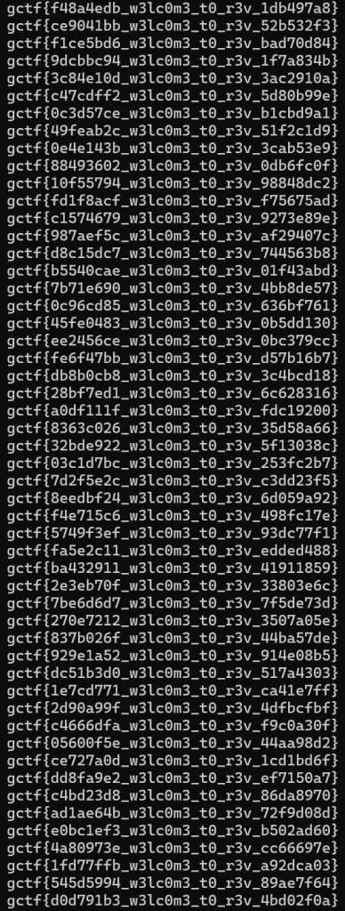 Long vertical list of CTF-style flag strings displayed in a terminal, each beginning with “gctf{” and followed by unique alphanumeric sequences, shown in dense columns on a black background.