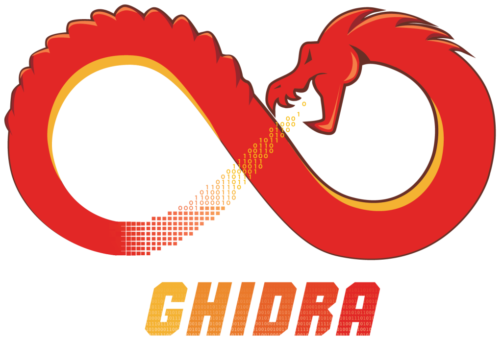 Ghidra logo featuring a red dragon forming an infinity symbol with pixelated data flowing from its mouth, accompanied by the stylized “GHIDRA” text below.