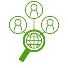 Green line-art icon showing a magnifying glass over a globe connected to three user profile icons, representing global user search or network analysis.