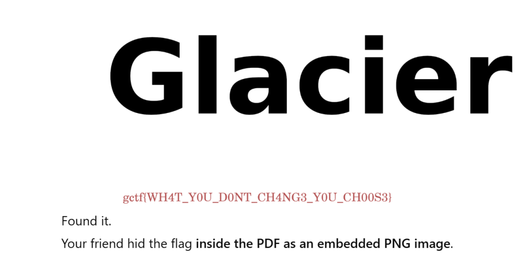 Screenshot showing the word ‘Glacier’ in large bold text with a CTF flag printed below it: gctf{WH4T_YOU_DONT_CH4NG3_Y0U_CH00S3}. Additional text explains that the flag was hidden inside a PDF as an embedded PNG image