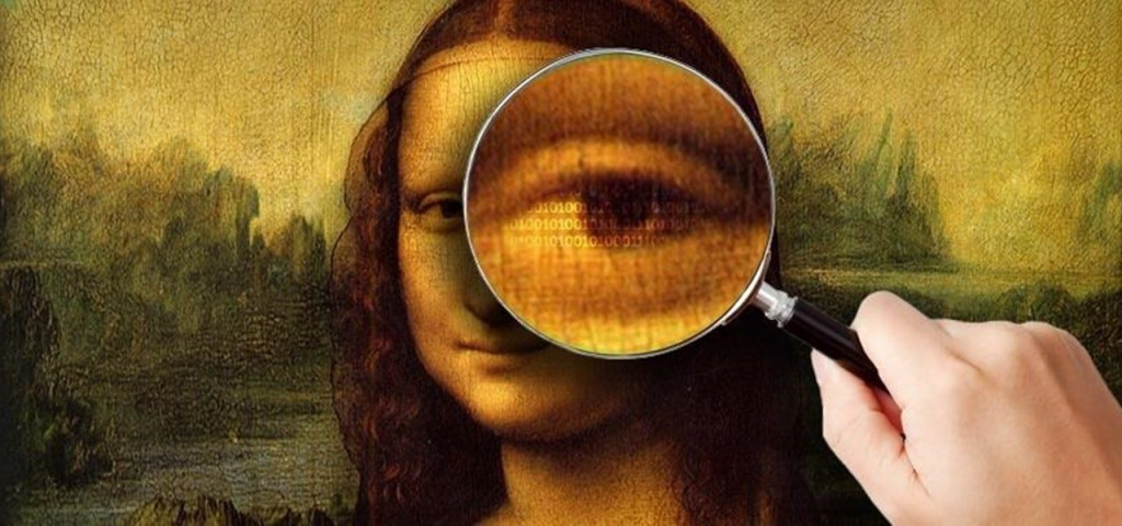A magnifying glass is held over the Mona Lisa's eye, revealing binary code within the painting.