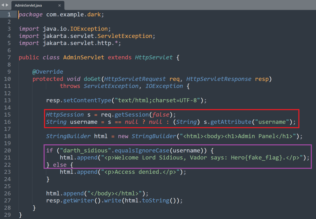 Code editor screenshot displaying the AdminServlet.java file from a Java web application. The servlet reads the HTTP session with req.getSession(false) and retrieves a username attribute. If the username equals ‘darth_sidious’ (case-insensitive), it prints a welcome message containing a fake flag; otherwise it shows ‘Access denied.’ Key code blocks are highlighted in red and purple.