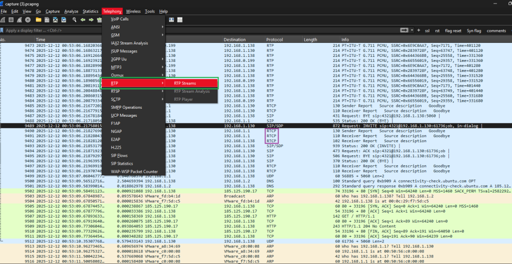 Wireshark interface displaying a PCAP analysis with Telephony → RTP → RTP Streams highlighted, showing RTP, SIP, RTCP packets and VoIP call data including G.711 PCMU streams between internal IP addresses.