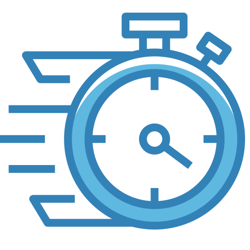 A blue stopwatch icon with motion lines indicating speed.