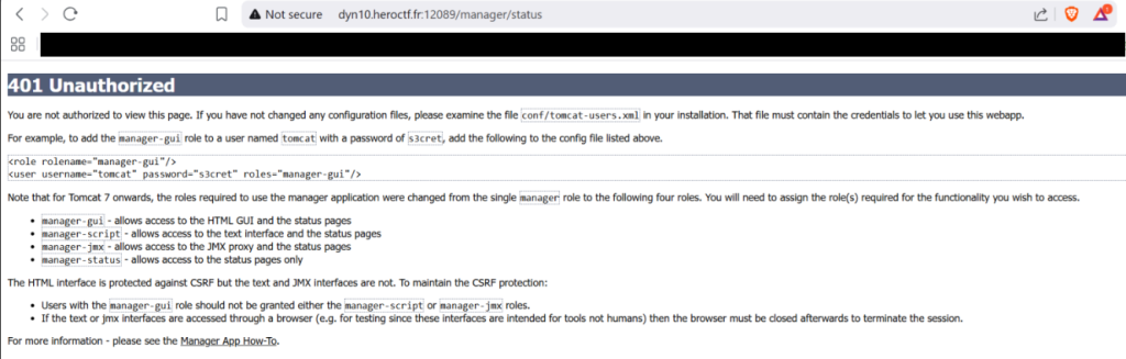 Web browser screenshot showing an HTTP 401 Unauthorized page from an Apache Tomcat server at /manager/status. The message explains that access is denied because no valid credentials were provided. It includes example XML configuration for tomcat-users.xml demonstrating how to add a user with the manager-gui role, and a list of Tomcat manager application roles such as manager-gui, manager-script, manager-jmx, and manager-status. The page header shows a ‘Not secure’ connection warning