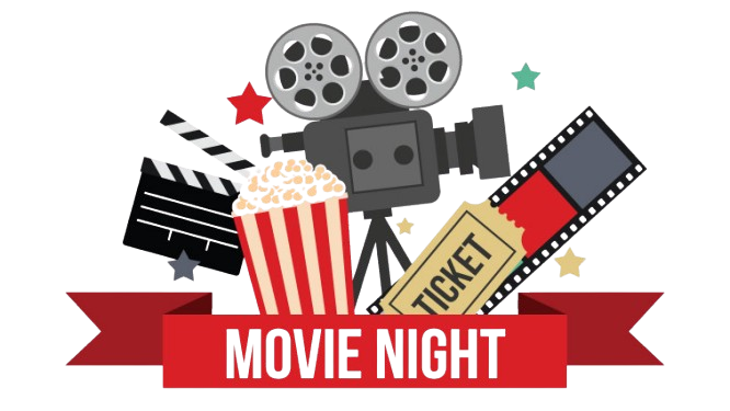 Movie night graphic featuring a vintage film camera, popcorn bucket, movie ticket, clapperboard, and film reel, with colorful stars in the background. A red ribbon banner at the bottom displays the text ‘MOVIE NIGHT.