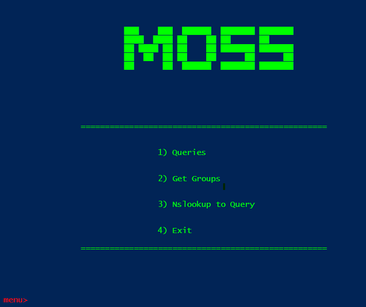 MOSS menu for querying data, managing groups, and performing lookups.