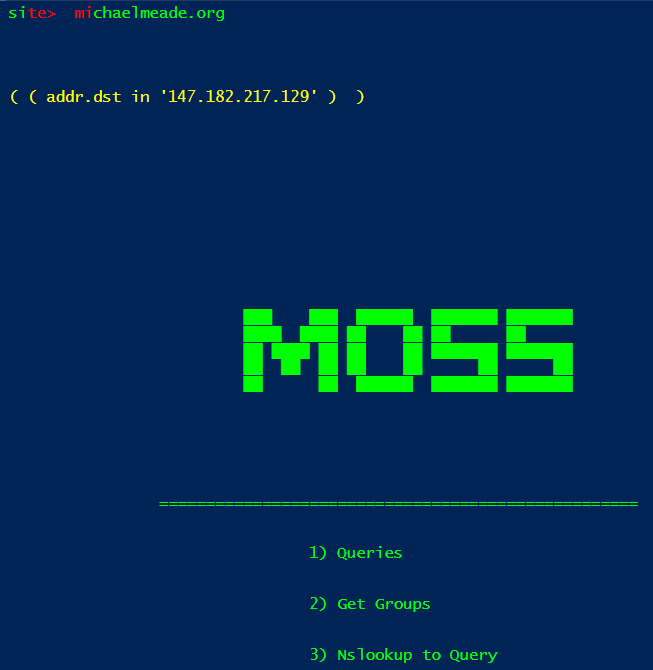 MOSS system command-line menu for michaelmeade.org, including IP address lookup and options for Queries, Get Groups, and Nslookup.