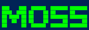 The word "MOSS" rendered in bright green rectangular blocks against a dark blue background, in a pixelated or digital font style.
