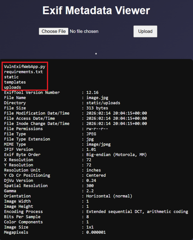This image shows the output of an Exif Metadata Viewer web application that appears to be vulnerable to Command Injection. The interface displays metadata for an uploaded file named image.jpg, but the top section (highlighted by a red box) reveals a directory listing of the server's internal files.