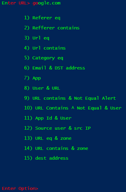 Command-line interface showing a URL input for 'google.com' and a numbered menu of 15 options for filtering or querying data, including Referer, URL, Category, Email & DST address, App, User & URL, and destination address.