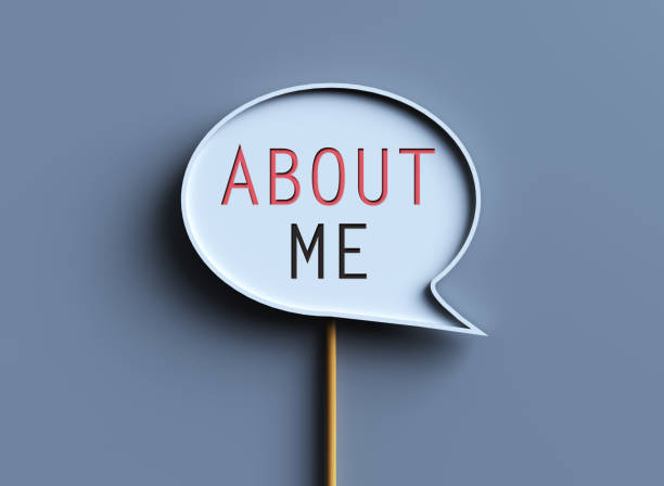 "About Me" text in a speech bubble.