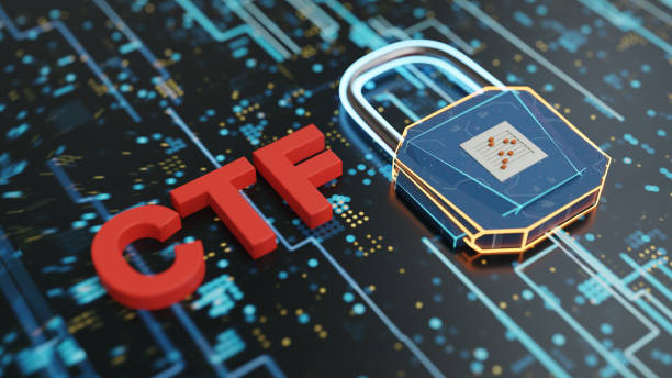3D rendering of the red letters 'CTF' next to a futuristic blue digital padlock on a glowing electronic circuit board background, representing a cybersecurity Capture The Flag competition.