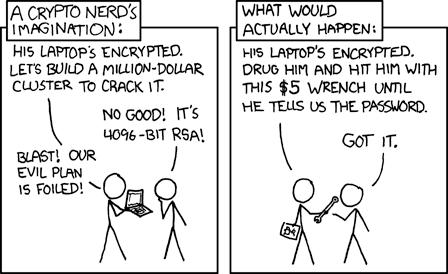 Two-panel xkcd comic comparing a crypto nerd's fantasy of hackers failing to crack strong encryption with the reality of a physical five-dollar wrench attack to get a password.