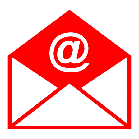 Email contact icon featuring an open red envelope with a black at (@) symbol."
