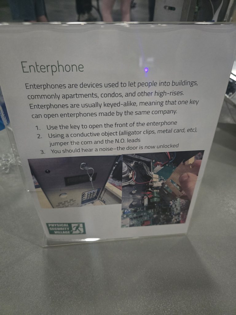 An instructional sign titled 'Enterphone' from a physical security conference, explaining common hardware vulnerabilities and bypass methods for building entry systems.
