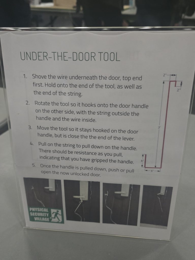 An instructional sign titled 'Under-The-Door Tool' explaining how to use a physical security bypass tool, featuring step-by-step text, a technical diagram, and demonstration photos.