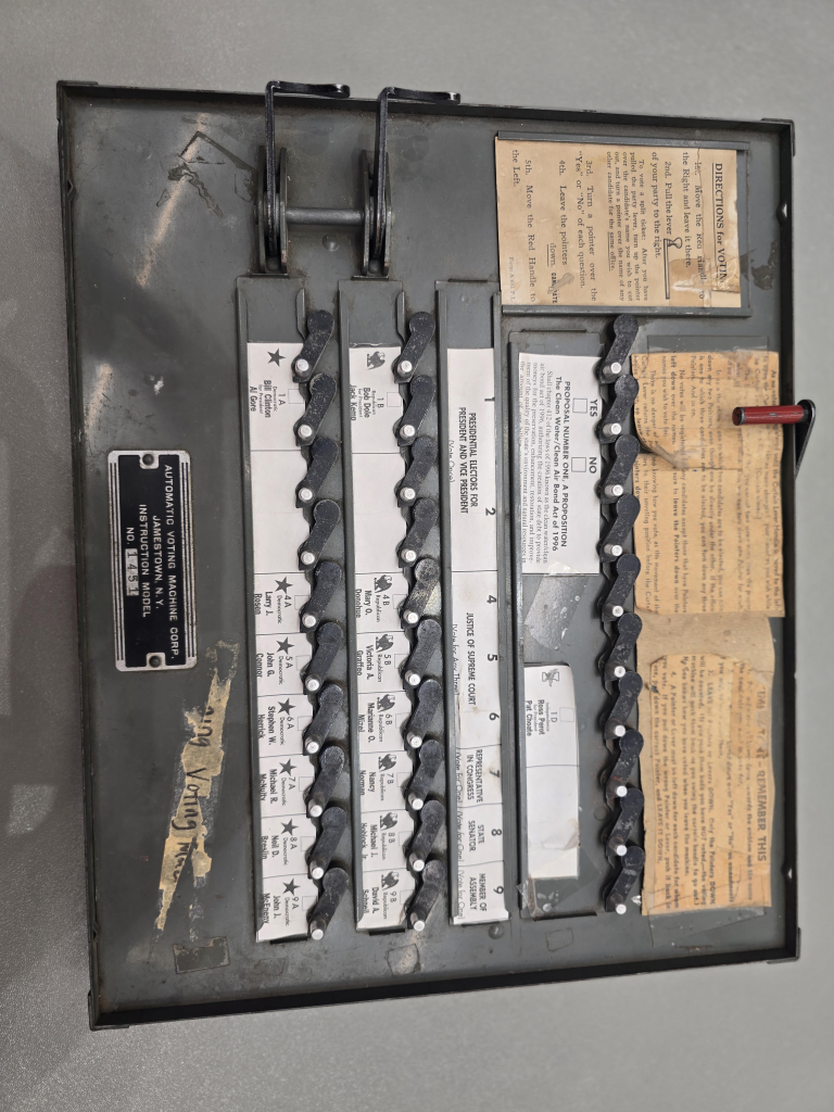 A vintage metal mechanical voting machine instruction model from Jamestown, NY, featuring ballot labels and levers from the 1996 US Presidential Election.
