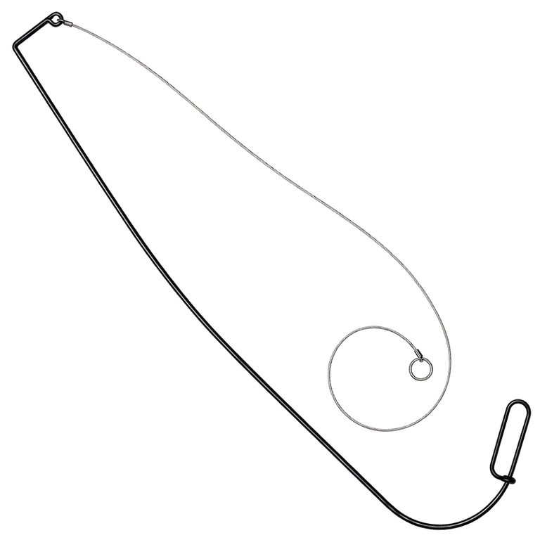 An under-the-door physical security bypass tool consisting of a long, bent metal rod and a flexible wire cable with a pull ring, isolated on a black